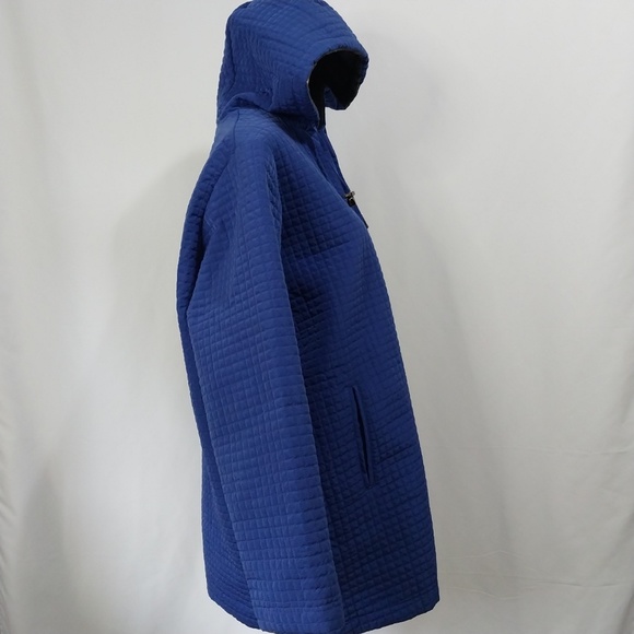 Woman Within Blue Dark Hooded Zip Up Drawstring Checkered 3/4 Sleeve Jacket M - Picture 12 of 12